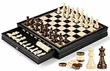 Peradix Schach Dame Spiel 2 in 1 Magnetisch Schachspiel aus Holz, 38 cm Schachbrett mit Aufbewahrungsschublade und 2 Queen-Stücke, Spielzeug und Geschenk für Kinder (Schwarz)
