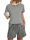 Litherday Schlafanzug Damen Kurz Baumwolle Pyjama Set Sommer Shorty Pyjama Gestreift Sleepwear Kurzarm Nachtwäsche Rundhals mit Tasche