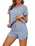 Namatime Schlafanzug Damen Kurz Baumwolle Pyjama Sommer Nachtwäsche Shorty Freizeitanzug T-Shirt und Pyjamahose mit Taschen Staubiges Blau Breite Streifen M