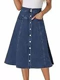 Allegra K Damen Denim Rock Dehnbar Hoher Taille Knopfleist Lang Jeansrock A-Linie Tasche Midirock Mittel Blau XL