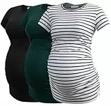 Smallshow Damen Umstandsmode Tops Seitlich Geraffte Schwangerschafts Umstandstop 3er Pack Black-Deep Green-White Stripe M