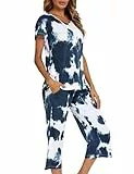 ENJOYNIGHT Damen Schlafanzug Baumwolle Sommer Kurz Pyjama Set Kurzarm Shirt mit 3/4 Lange Capri Hose Nachtwäsche (X-Large,Marine)
