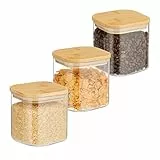 Relaxdays Vorratsgläser mit Bambusdeckel, 3er Set, eckige Vorratsdosen aus Glas, 600 ml, luftdicht, transparent/natur