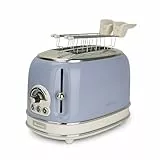 Ariete Vintage 155, 2-Scheiben-Toaster, Retro Toaster mit 6 Toaststufen, Automatischer Auswurf, Auftaufunktion, Herausnehmbares Krümelfach, Gehäuse aus Edelstahl, mit Sandwichzangen, 810W, Blau