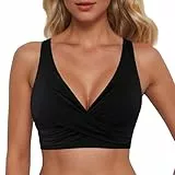 Bikini Oberteil Damen Push Up V-Ausschnitt Große Brüste Bikini Top Bikinis Oberteile Mit Verstellbaren SommerVerstellbar Breite Träger Badeanzug Top Strand Swimsuit (1-Black, L)