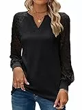 BAISHENGGT Baronin Tunika Damen V Ausschnitt T Shirt Raglan Spitzenärmel Bluse Shirts Lässige Elegante Streetwear Langarm Oberteil Tops Schwarz M