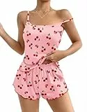 Ekouaer Schlafanzug Damen Kurz Pyjama Set Ärmellos Hausanzug Rüschen Nachtwäsche Spaghettiträger, Rosa, L