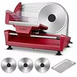 250 Watt Allesschneider Elektrischer Edelstahl - Brotschneidemaschine 3 Klingen - Verstellbare Küchenmaschine 0 bis 15mm - Wurstschneidemaschine, Schinkenschneider für Fleisch, Käse usw, Rot