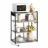 VASAGLE Küchenregal mit Steckdosen, Standregal mit 2 Metallkörben, Bäckerregal mit Haken, Regalablagen, 35 x 80 x 93,5 cm, Industrie-Design, Greige meliert-tintenschwarz KKS196K02