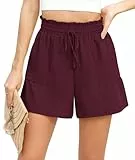 Yommay Damen Shorts Elegant Lässige Sommer Kurze Hosen Elasischer High Waist Kordelzug Kurzhose mit Taschen,Weinrot,XL
