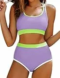 Hanna Nikole Damen Bauchweg Bikini Badeanzug Kontrastfarbe Badebekleidung mit Bikinihose Lila L