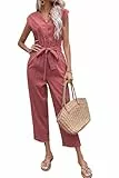 Canli4Y Overalls Damen Kurzarm Romper Casual V-Ausschnitt Gürtel Jumpsuit Sommer Hosenanzug Jumper Lässiger Gerade Bein Hose Playsuit mit Taschen