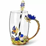 OEAGO Glas-Kaffeetasse mit Löffel-Set, Geschenk für Mutter, Frauen, Muttertag, Geburtstag, Schmetterling, Rose, Geschenke für sie von Tochter, Sohn, bleifrei, Weihnachten, blaue Teetasse mit Löffel