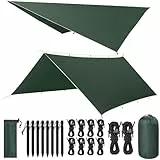 VOSOIR Tarp 3x5M Wasserdicht, Ultraleicht Camping Zeltplane, mit 15 Öse+8 Aluminiumstifte+10 Nylonseile, Anti-UV Schnee Regen Schutz, Leicht Kompakt für Hängematte Camping Picknick Wandern(Dunkelgrün)
