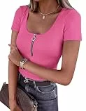 Totatuit Damen T-Shirt Kurzarm Slim Fit Basic Shirts Elegant Rundhals Tops Sexy Stretch Gerippt Oberteile Sommer Casual Einfarbig Tee für Alltag und Freizeit Rosenpink L