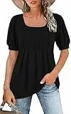 WNEEDU Tshirt Damen Sommer Bluse Kurzarm Quadratischem Ausschnitt Oberteile Damen Sommer Tunika T-Shirt Plissee Tops mit Puffärmel Lässige Flowy Elegant Schwarz 3XL