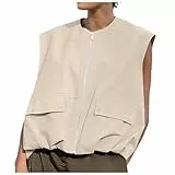 Lässige Damen Weste Reißverschluss Cargo Gerüschter Saum Leicht Ärmellos Übergröße Jacken Oberteil Lässig Einfarbig Lockere Passform Blazer Top Sommer Leichte Ärmellose Y2K Vingtage Vest mit Taschen