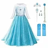 URAQT Kostüm Kinder Mädchen, 6-teiliges Set Kinder Prinzessin Kleid mit Krone Diadem Handschuhe Zauberstab usw für Weihnachten Karneval Halloween Rollenspiel(130)