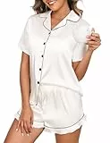 Niwicee Satin Schlafanzug Damen mit Knopfleiste Kurz Nachtwäsche Pyjamas Set Zweiteiliger Nachtwäsche Hausanzug PJs V-Ausschnitt Loungewear (Weiß, M)