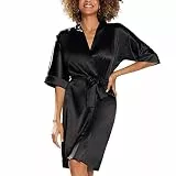 DKaren Dame Morgenmantel Elegant Satin Musterlos Glatt 100, Schwarz,M