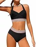 Zweiteiliges Bikini-Set für Mädchen, überkreuzt, Neckholder, gewebter Kontrastbesatz, Badeanzüge für 9–16 Jahre, Schwarz, 13-14 Jahre