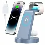 3 in 1 iPhone Ladestation Kabelloses Ladegerät für Apple - Wireless Charger für 16e 16 15 14 13 12 11 X Pro Max & Apple Watch 10 9 8 7 6 SE 5 4 3 2 Air Pods 4 3 Pro mit 18W Fast Adapter(Blau)