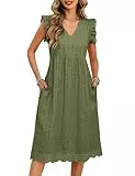 UMIPUBO Sommerkleid Damen V-Ausschnitt Ärmellos Midi Kleider mit Taschen Baumwolle Knielang Freizeitkleid Elegant Boho Strandkleid Frauen Casual (Grün, M)