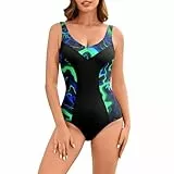 Veranobreeze Badeanzug Damen Bauchweg Sport Bademode mit Cups V Ausschnitt Schwimmanzug (Grüne Flamme, EU42)