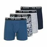 Ted Baker Herren 4er-Pack Boxershorts aus Baumwoll-Stretch Retroshorts, Denim/Leaf Print/Grey Heather/Sky, X-Large