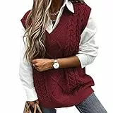 Voqeen Pullover Ärmellos Damen Pullunder Weste Pullunder V-Ausschnitt Pullover Strickweste Winter Herbst Sweater Vest (Weinrot, XL)