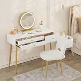 WOLTU Schminktisch mit Beleuchtung und Hocker, Stuhl aus Samt, mit 3 Schubladen & 6 Fächer, 100 cm Hochglanz Tischplatte, Einfach zu montieren, Moderner Make-up Tisch Weiß Gold für Schlafzimmer
