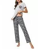 Crewhpo Schlafanzug Damen Kurzarm Pyjama Baumwolle Sommer Zweiteiliger Nachtwäsche Set Karierte Nachthemd Kurzärmeliges Loungewear V-Ausschnitt mit Lang Pyjamahose