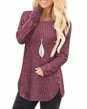Tanmolo Damen Pullover Herbst Elegant Oberteile Langarm Strickpullover mit Knopfdetail und Kabelstruktur Leichter Arc-Saum Rundhals Pulli Burgunderrot, L