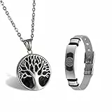 Aroncent Unisex Kette mit Lebensbaum Anhänger Verstellbar Armband Set Edelstahl Silber & Schwarz