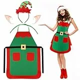 MONCAP 3 Sets Weihnachten Elfen Schürze Weihnachten Schürze Elf Kostüm Weihnachtselfen Kostüm Elfenschürzen Elfenhüte mit Elf Enohren für Erwachsene Weihnachtsfeiern Neujahr Weihnachten Party Kostüm