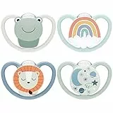 NUK Space Day & Night Babyschnuller | 0-6 Monate | Im Dunkeln leuchtende Schnuller mit zusätzlichen Öffnungen für sensible Haut | BPA-freies Silikon | Frosch & Löwe | 4 Stück
