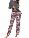 Uniexcosm Schlafanzug Damen Baumwolle Pyjama Set Lang Zweiteiliger Nachtwäsche Raglanärmel Sleepwear und Karierte Pyjamahose Hausanzug Freizeitanzug Stil 1:Dunkelgrau M