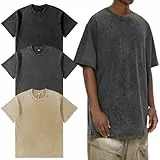 Herren Oversize T-Shirt 3er Pack Baumwolle Sommer Retro Washed Fashion Hip Hop Vintage Casual, XL