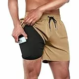 Ineepor Herren Badehose Mit Kompression Und Innenhose - 2 in 1 Board Shorts Mit Reißverschlusstasche, Kurz, Khaki, M
