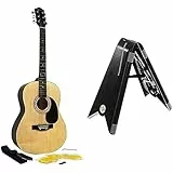 Martin Smith Akustikgitarre mit Gitarrensaiten, Gitarrenplektren & Gitarrengurt - Natürlich & tragbare Klappgitarrenständer klassischen Gitarrenständer Akustikgitarrenständer und E-Gitarrenständer