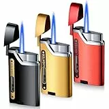 3 Pack Sturmfeuerzeug Jetflamme, Sturmfeuerzeug Gas Nachfüllbar, Feuerzeug Sturmfeuerzeugs mit Sichtbarem Fenster Winddicht Jet Feuerzeugs Gasfeuerzeug für Küche, Camping (Ohne Gas)