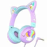 iClever Kinder Kopfhörer, LED Beleuchtetes Katzenohr, 85dBA Sichere Lautstärke, Stereo Sound, Faltbare 3,5mm Kleinkind Kopfhörer mit Kabel für iPad, Tablets, Schule, Reisen