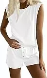 Tankaneo Damen Zweiteiler Sommer Outfits Einfarbig Hosenanzug Tank Top und Shorts Set Elastische Taille Sport Trainingsanzug Elegant Loungewear Set Weiß S