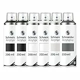 Schneider Paint-It 030 Acryllack Basic Set 1 (6 Dosen hochdeckende Sprühfarbe, UV-beständig, 6x 200 ml, Acrylspray für fast alle Untergründe) 2x black, 2x white, 1x dark grey, 1x grey