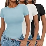 Ekouaer Damen 3 Pack T-Shirts Rundhlas Unterhemd Kurzarm Oberteil Slim Fit Basic Crop Tops, Schwarz + Blau + Weiß, M