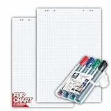 Conipa® - 5 x Set Flipchart Papier Block 68x99 cm weiß (KARIERT) 80 g/qm - 5 Blöcke à 20 Blatt INKL. 4 x Flipchart-Stifte (Marker) - Whiteboard-Papier & Blöcke - Board Paper für Charts & Meetings