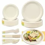 Huanmin 250Pcs Ökologisch Einweggeschirr, Kompostierbar Ökologisch Pappteller Set, Einwegteller set für 50 Gästeinkl, für Grillfest, Camping, Picknick oder Party Pappteller &Gabeln &Messer&Löffel