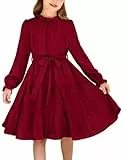 Arshiner Mädchen Kleider Elegant Winter Langarm Swing Festliches Kleid mit Gürtel Kleider für Kinder 11-12 Jahre Rot