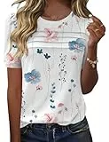 Rapbin Tshirt Damen Sommer Kurzarm Bluse Elegant Rundhals Mit Falten Oberteil Locker Frauen Puffärmel Blumen Tops Lässig Basic Tunika Shirts 2026(Weiß Blau Blumen,XL)