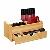 Relaxdays Bambus Kosmetik Organizer, multifunktional, 4 Fächer & Schublade, Schmuckkästchen, Ordnungsbox Büro, natur, 11 x 27 x 15 cm